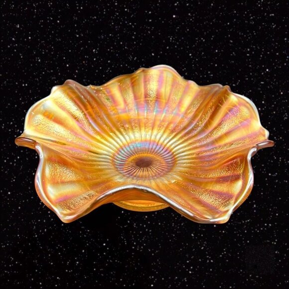Fenton Glass Stippled Rays Scale Band Exterior Iridescent Bowl Marigold 6.5”W 2” - Picture 8 of 12